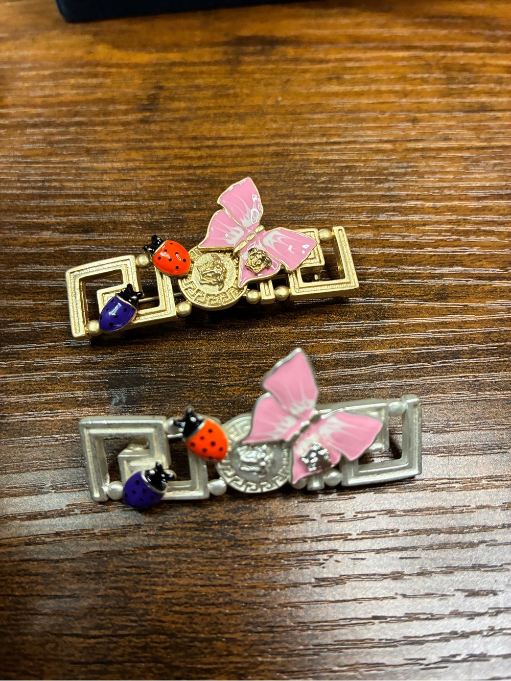 Pink Butterfly & Ladybug Brooches- Gold and Silver